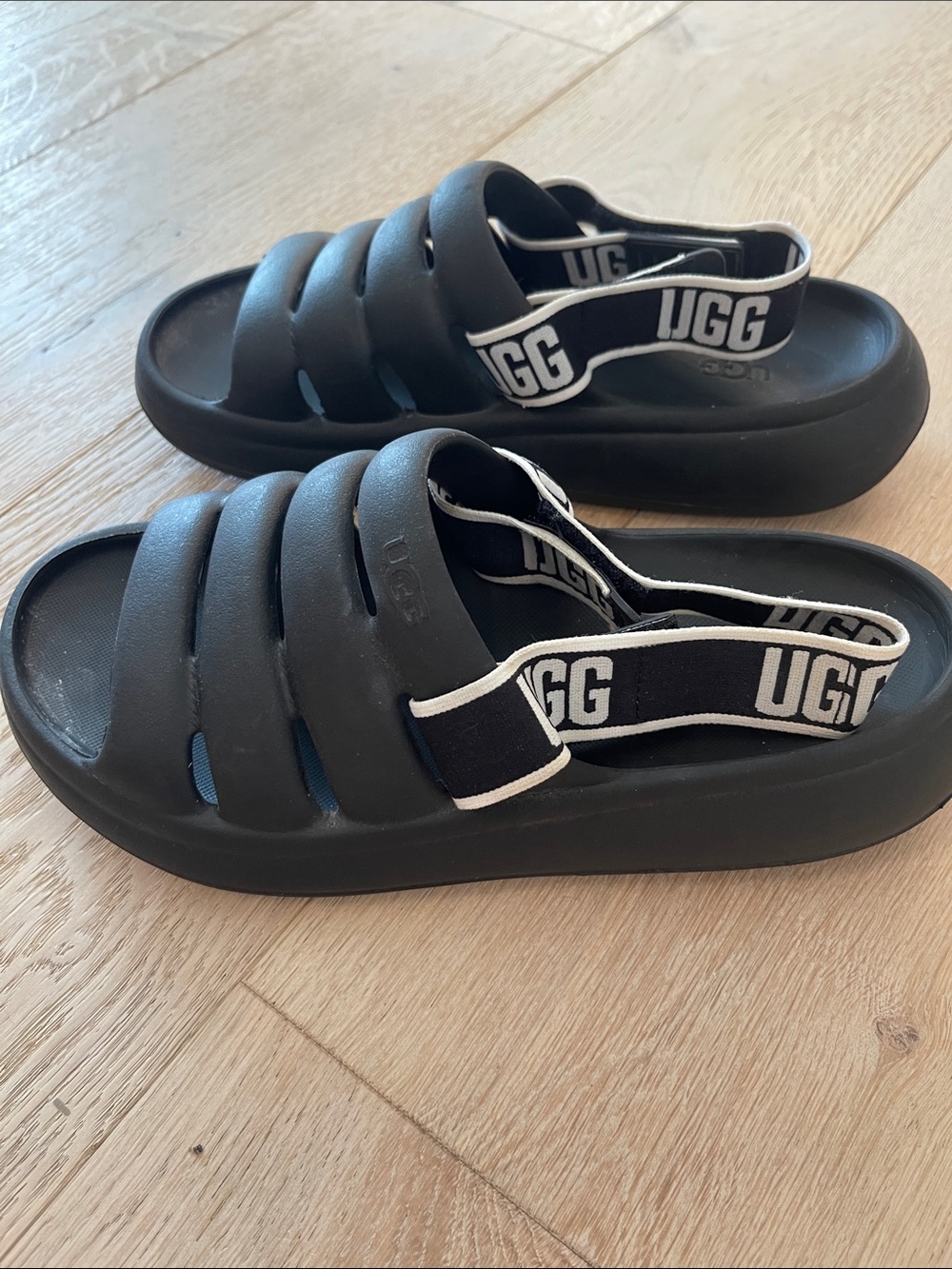 UGG Sport Yeah Black Padded Slide Sandals with Logo Heel Strap